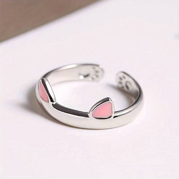 Kawaii, Cute Kitty Cat Ear Animal Lover Ring - Pink/Silver - Picture 1 of 1